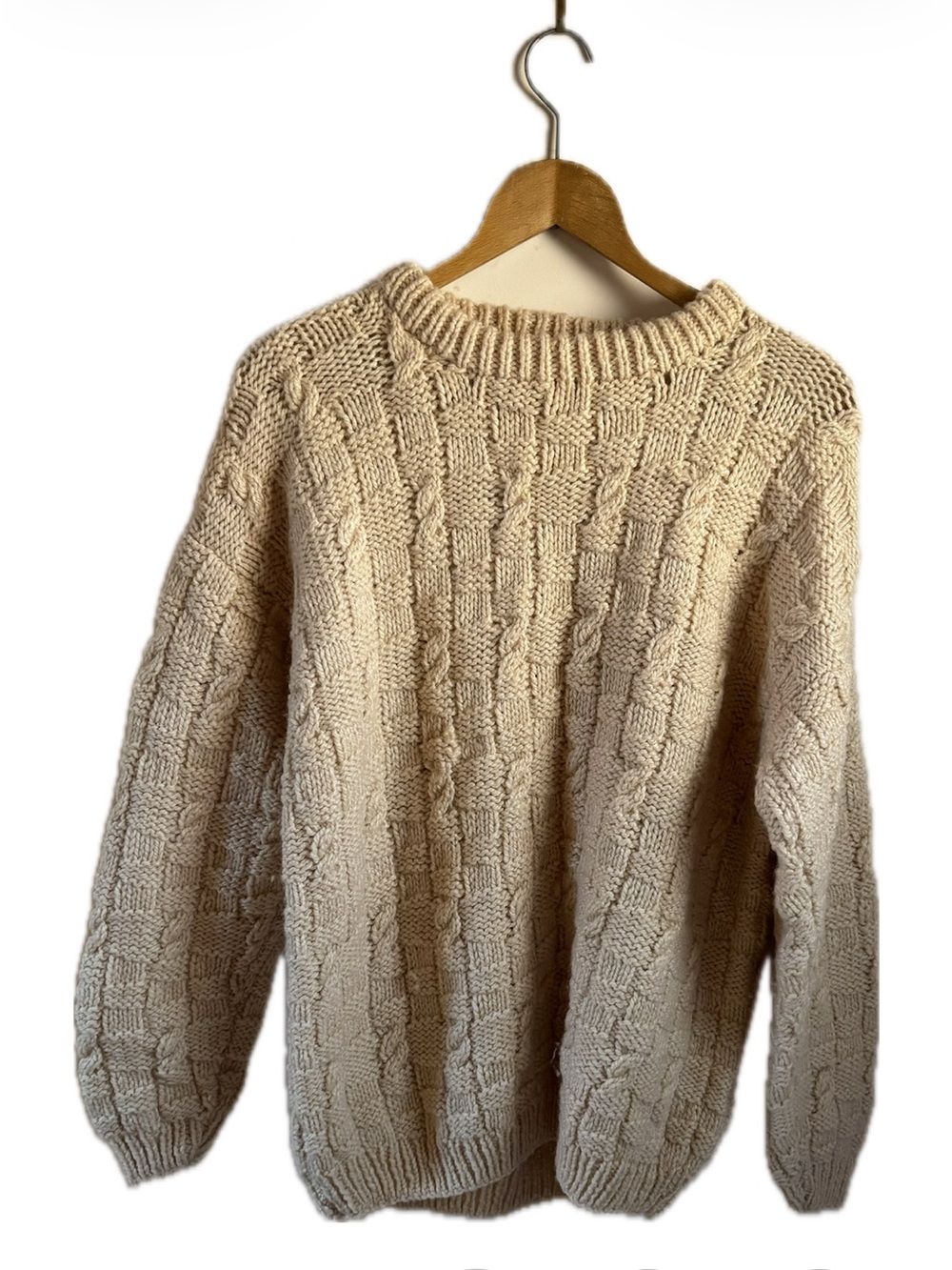 Hand Made Wool Cream Beige Cable Knit Crewneck Sweater